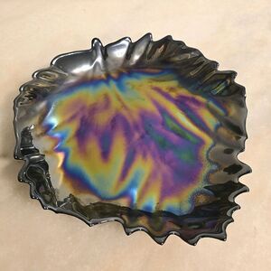 Yalos Casa Murano Glass Black Iridescent Large Leaf Dish Bowl Italy Vintage